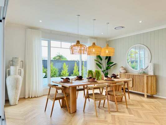 Henley dining room pendant lighting hung over a rectangular timber dining table.