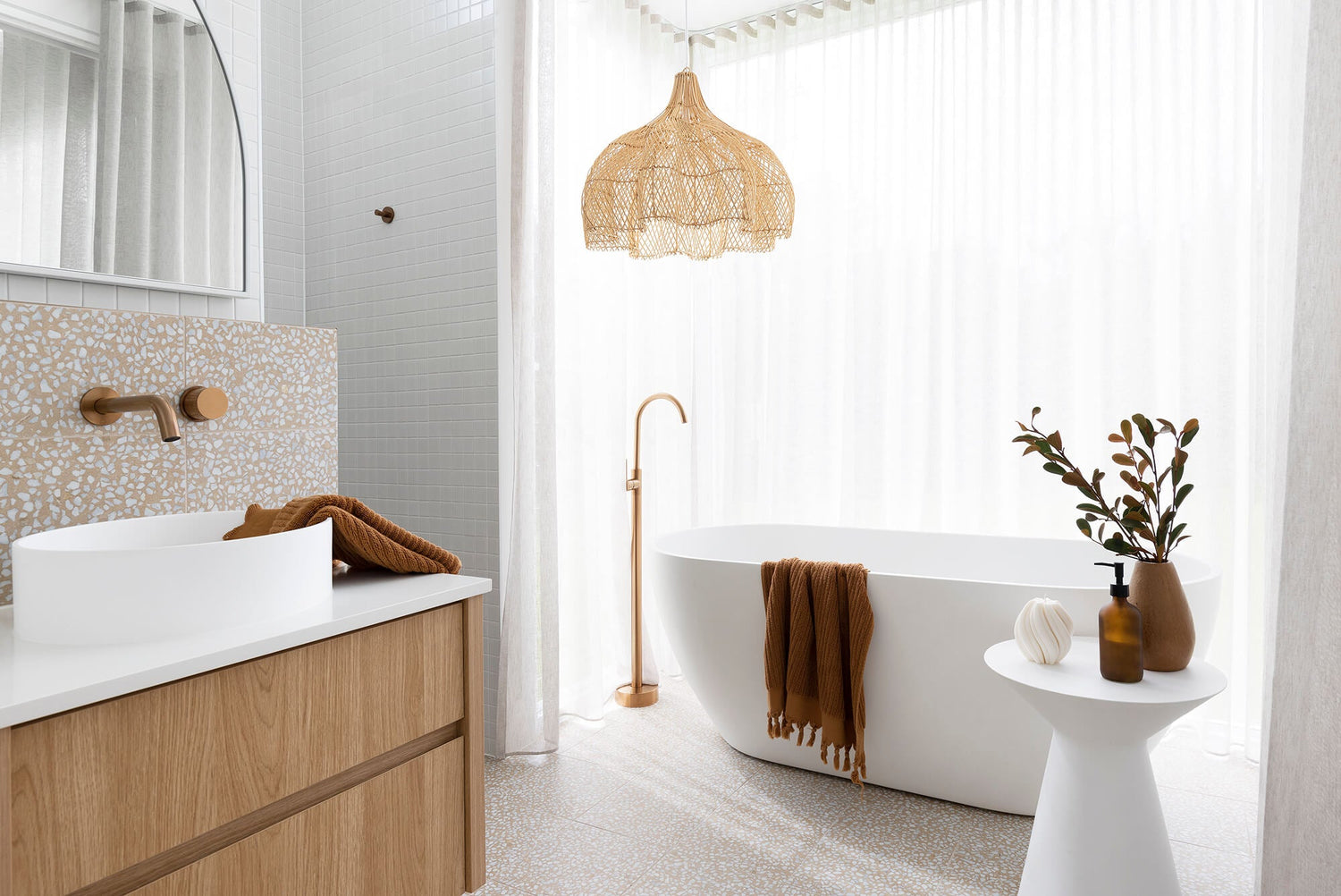 Walkerville bathroom pendant lighting hangs above a modern double bathroom vanity.
