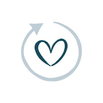 Illustration of a teal love heart enclosed in the middle of a light blue circular arrow.