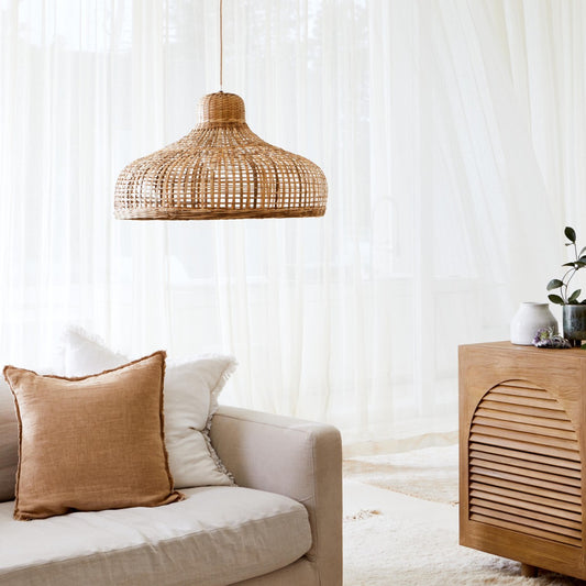 Portsea bamboo feature pendant light in a modern airy Australian living room.