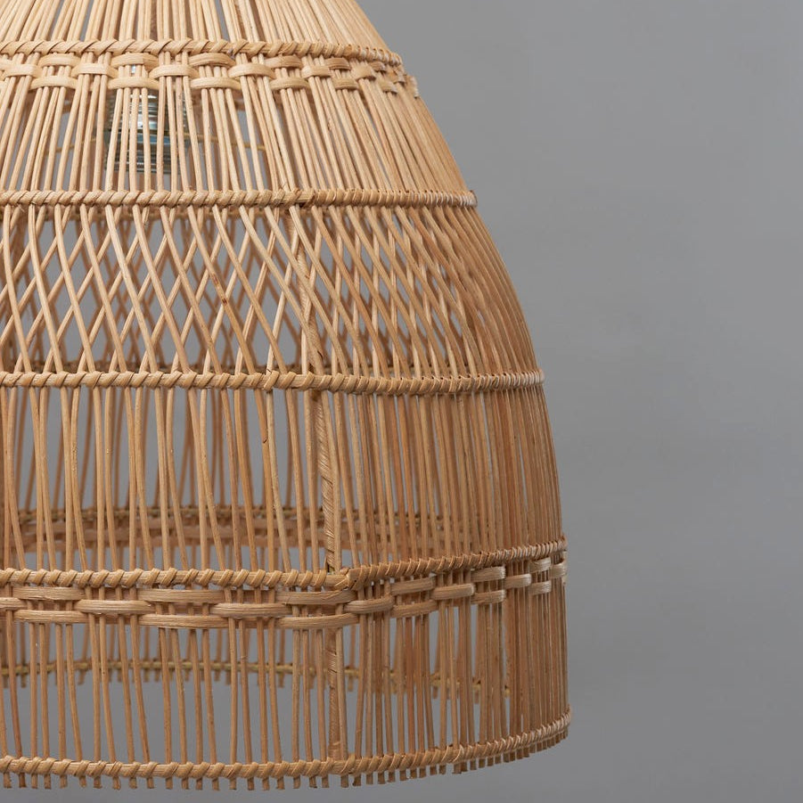 Mediterranean style pendant light. close up shows the detail in the weave of the light shade.