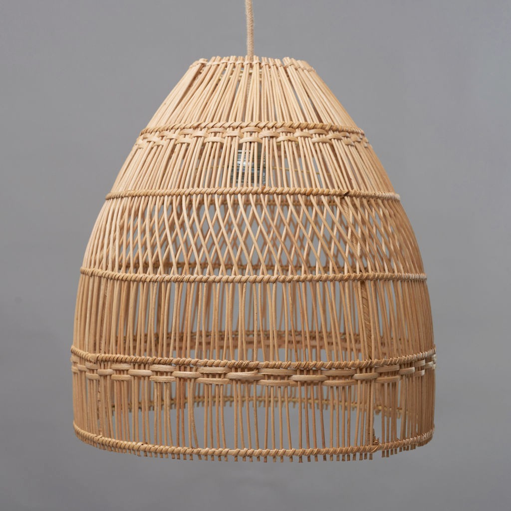 Coastal pendant light. photo on a plain grey background shows the simple, but beautiful weave of the light shade.