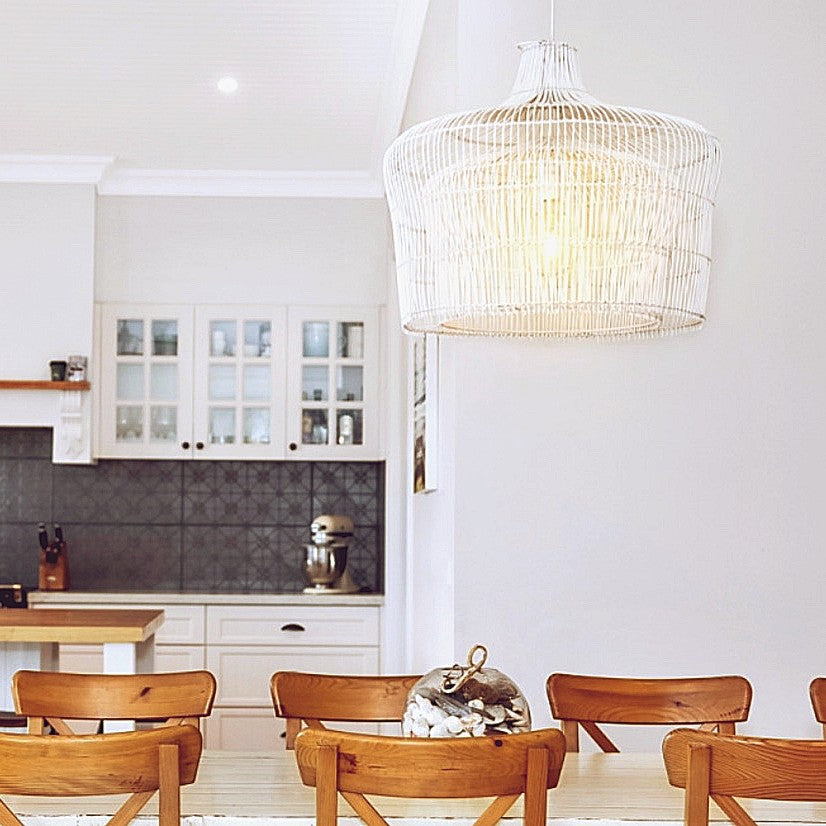 Large rattan pendant light australia. White double layered rattan pendant light over a country coastal style dining table.