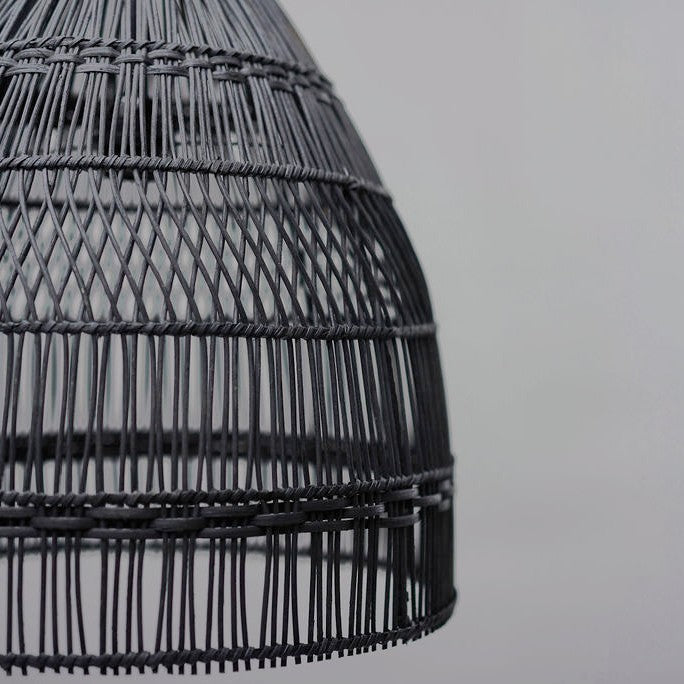 black rattan pendant light. close up photo shows the pretty diamond and straight weave of the flinders light shade.